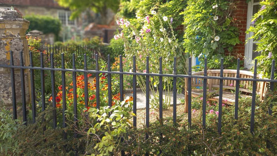 Vibrant cottage garden with colorful flowers, blooming wisteria, and a wooden bench behind a black fence